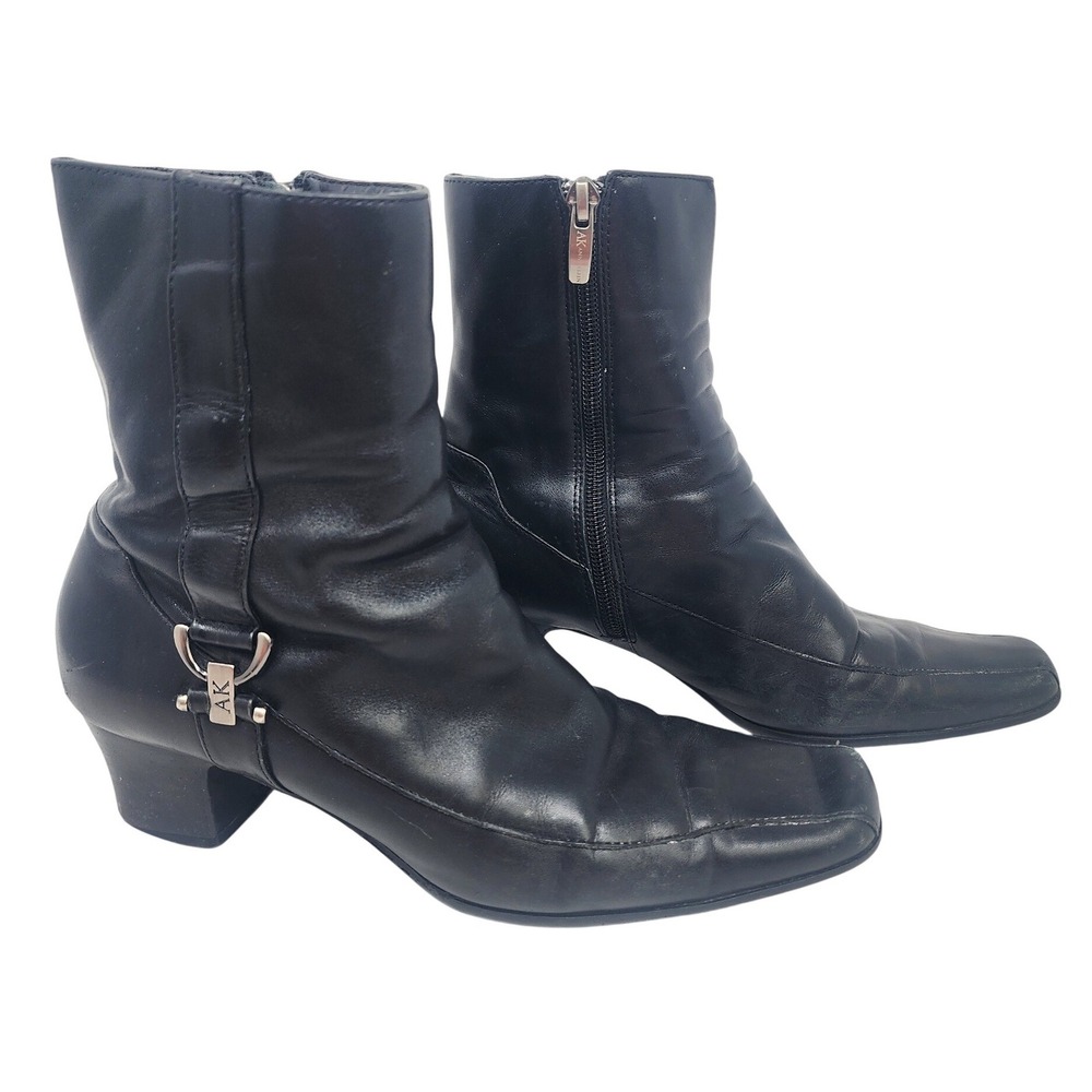 AK Anne Klein iFlex Black Leather Square Toe‎ Ankle Boots Zip Up Akverdi Size 8M